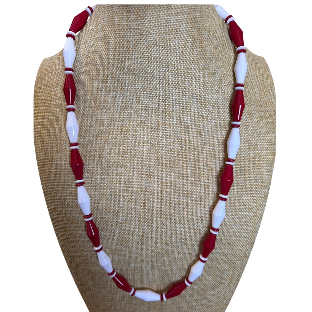 Vintage Red White Bicone Beaded Necklace Retro Mod Plastic Bead Strand 60s Retro